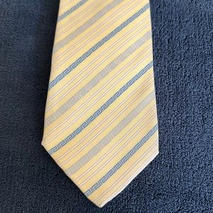 Versace Men’s Tie - Light Yellow with Blue Details - 100% Silk - Made in Italy